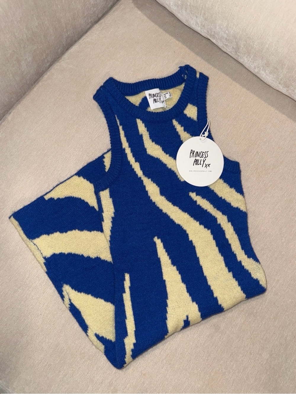 NWT - Princess Polly Blue & Cream Patterned Knit Dress. Size 2